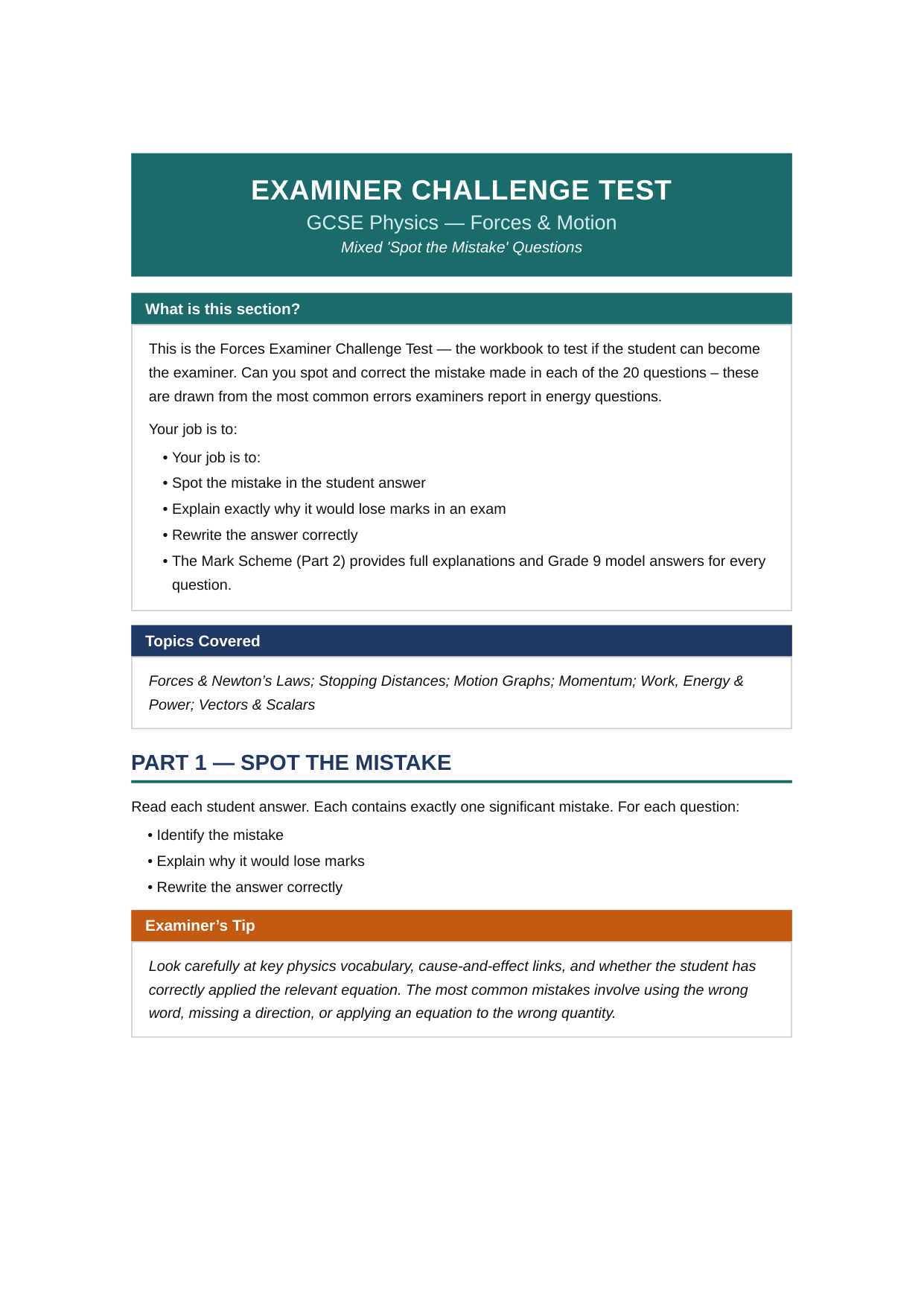 Examiner Challenge Test — GCSE Physics Forces & Motion