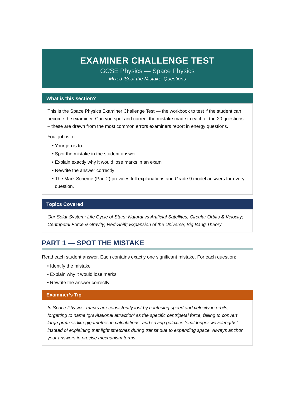 Examiner Challenge Test — GCSE Physics Space Physics
