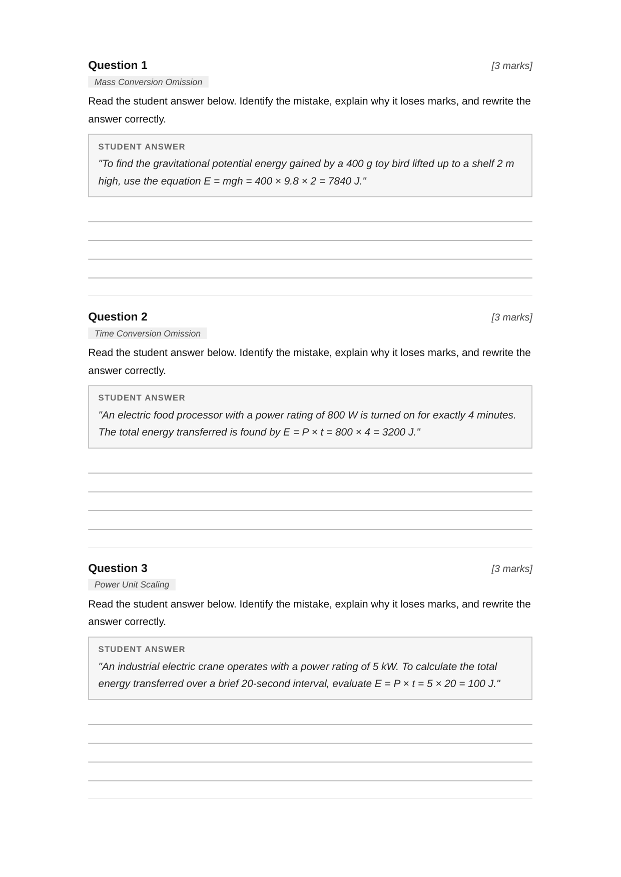 Examiner Challenge Test — GCSE Physics Energy